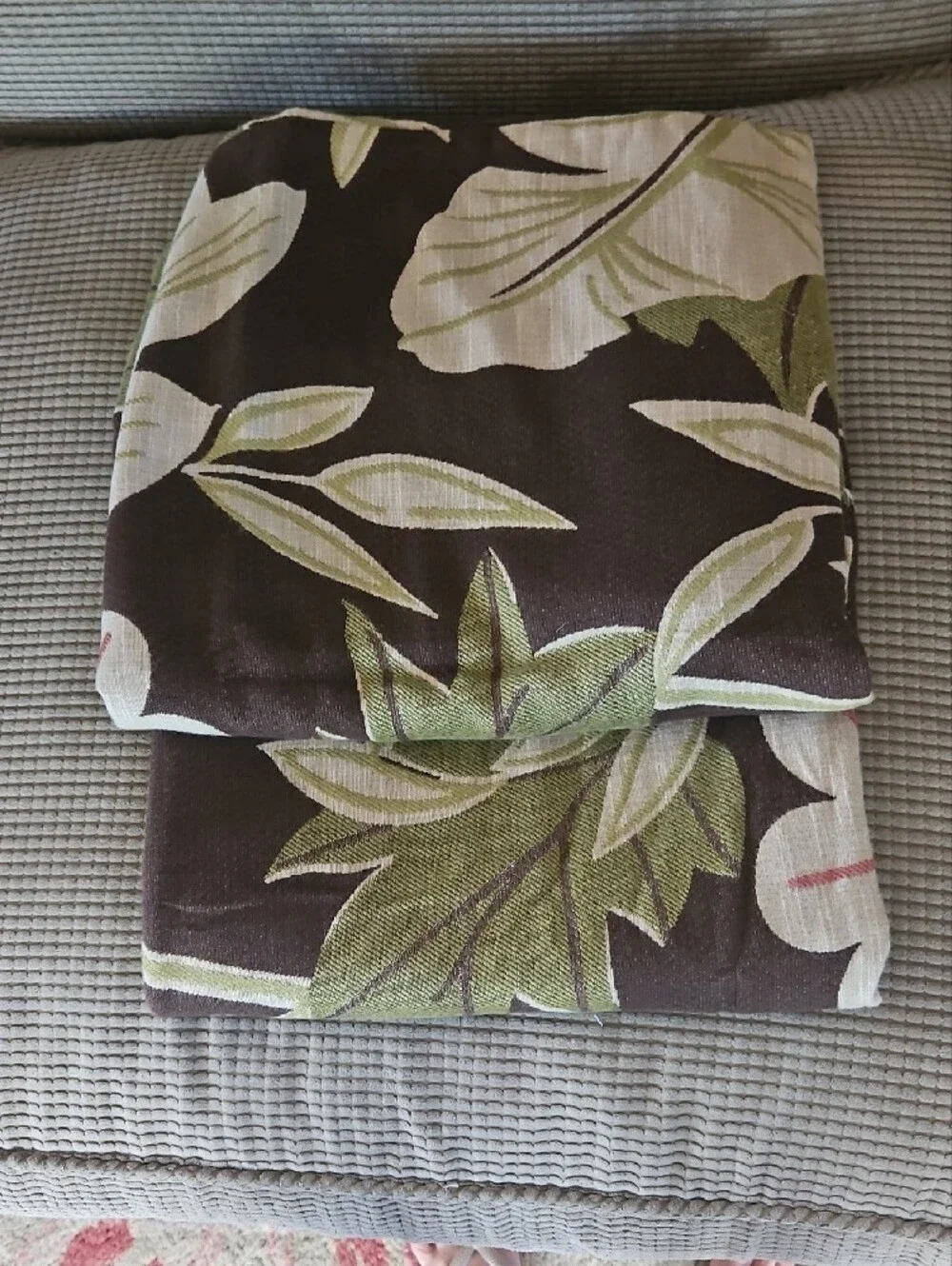Crate&Barrel Brown Pillow Covers with Green and Cream Botanical Pattern